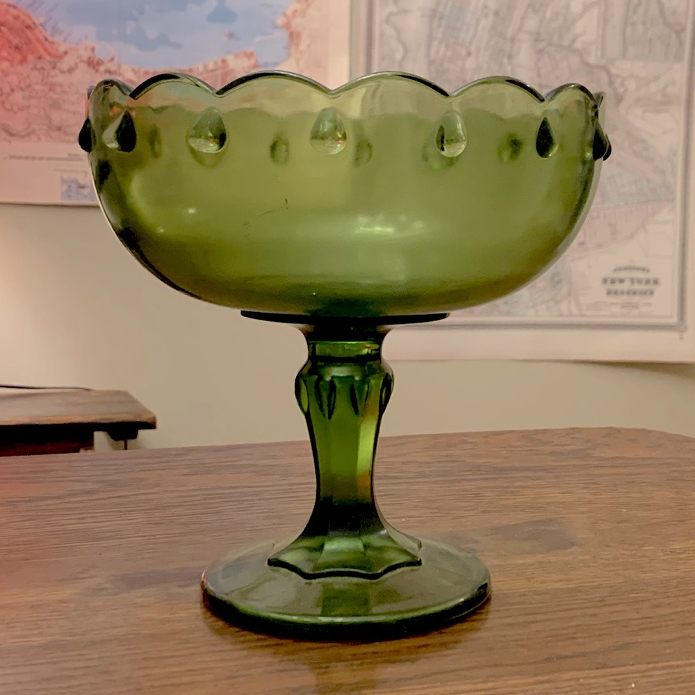 Vintage Indiana Glass Large Avocado Green Compote w/ Scalloped Edge
